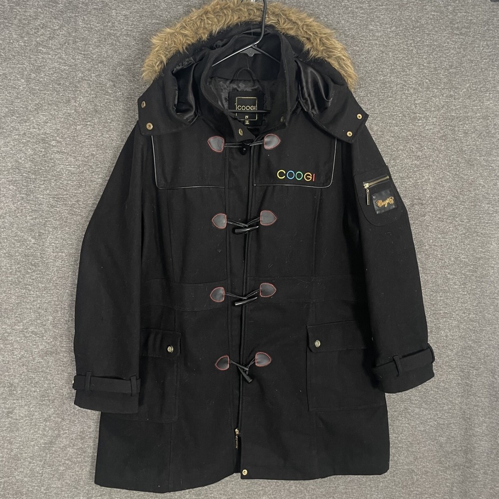 COOGI Wool Coat Fur Hood Womens Size 2X Black READ
